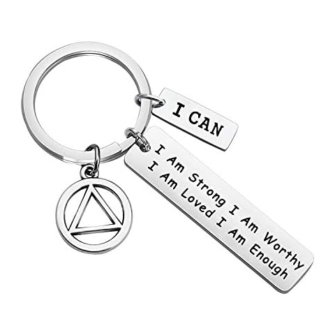 FUSTMW AA Symbol Keychain Sobriety Gifts Alcoholics Anonymous Gifts Addiction Recovery Jewelry I Am Strong I Am Loved I Am Enough New Beginnings Gift (Silver) Cover