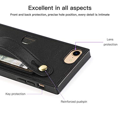 Defbsc Wallet Case For Iphone Se 2022 5G,Iphone Se2Nd Case, Iphone 7/8/6/6S Case With Finger Strap, Pu Lanyard Case With Card Slot, Adjustable Crossbody Strap Shockproof Protective Case,Black #TOP2