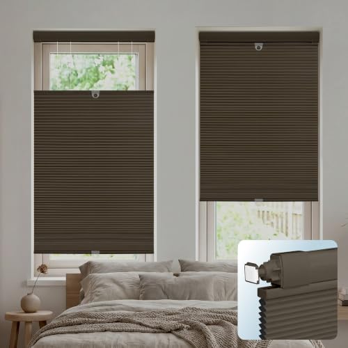 DEZ FURNISHINGS EZ Grip PRO Plus No Tools No Drill Cordless 1" Blackout Top Down Bottom Up Cellular Shade, Inside Mount Tension Shade with Aluminum Rails, 24" W x 64" H, Dark Coffee
