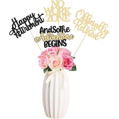 Gyufise 12Pcs Happy Retirement Centerpiece Sticks Officially Retired Table Flower Centerpieces Sticks No Work Zone Floral Decorations for Farewell Birthday Party Centerpieces Supplies Black Gold