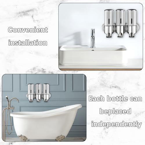 No-Drill 3 Pack 500ml Wall Mounted soap Dispenser for Bathroom and Kitchen, Shampoo and Conditioner Dispenser Drill Free with Adhesive(Round-Silve)