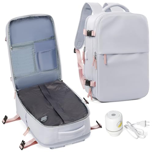 Mochila de viagem a vácuo com bomba, bolsas de compressão a vácuo aprovadas para voos para mulheres e homens, bolsas de compressão a vácuo de armazenamento, A1 - cinza claro, Medium, Inclui bomba de