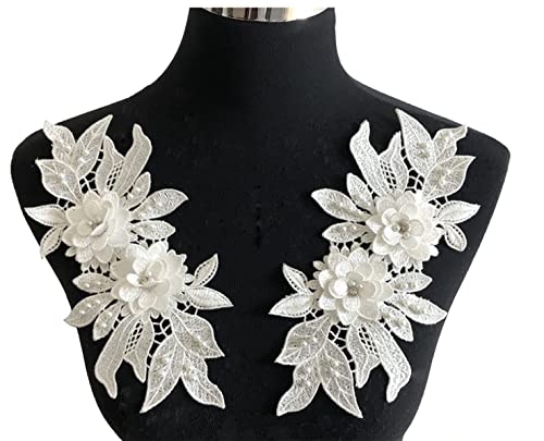 Ruinuo 3D Lace Beads Flower Applique Patches Sew On Patches Embroidery Appliques Rhinestone Sewing Wedding Dress Collar Decor White #TOP20
