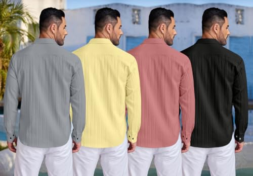 Image of FINIVO FASHION Combo of Men's Casual Cotton Plain Button Down Shirt Long Sleeve Textured Summer Beach Shirt for Men Pack of 4