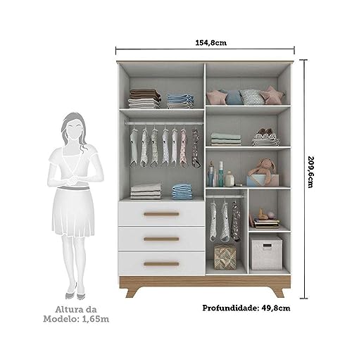 Guarda Roupa de Bebê 4 Portas 3 Gavetas Retrô Móveis Peroba Branco Brilho/Carvalho
