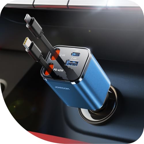 【84W Retrattile Caricabatterie Auto USB C】2025 JOYROOM 4-in-1 caricatore auto usb c misura 13,0 x 4,5 x 3,8 cm. È dotato di due cavi retrattili multifunzionali che possono essere estesi fino a 80 cm. È un accessorio per auto indispensabile per chi viaggia in famiglia, con un design compatto e poco ingombrante, ideale per gli spazi ristretti come furgoni e caravan. È ideale per gli utenti di iPhone e Android.