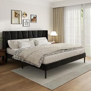 King Bed Frame with Headboard, Velv...