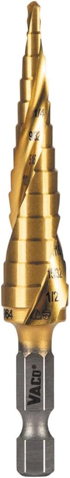 Klein Tools 25964 Step Drill Bit, 1/8 to 1/2-Inch, Spiral Double-Fluted, Cuts Thin Metal, Plastic, Aluminum, Wood, 1/4-Inch Hex Shank, VACO