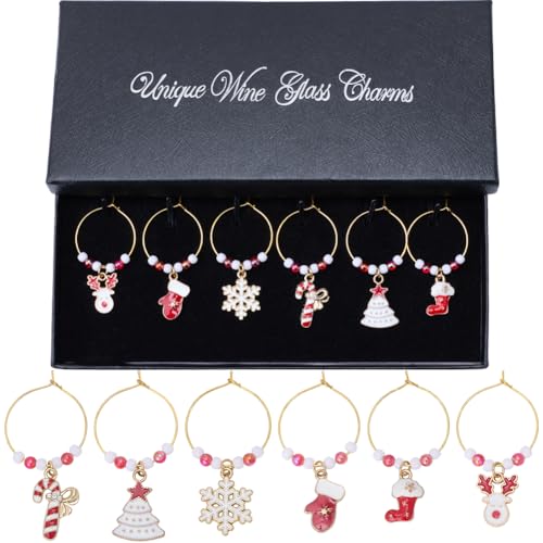 SUNNYCLUE 1 Box 6pcs Christmas Wine Bottle Charms Wine Glass Drink Charms Funny Red Gold Deer Stock Tree Charm Bulk for Champagne Party Favors Stem Glasses Wedding Birthday Home Decor Family Gathering