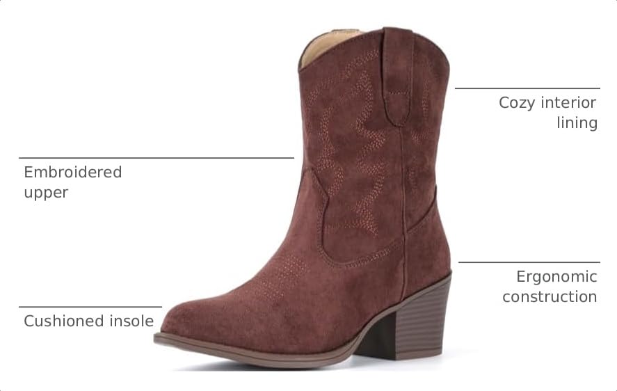 Image of IXU Cowboy Boots for Women Wide Suede Ankle Western Cowgirl Boots Mid Calf Pointed Toe Short Chunky Classic Booties