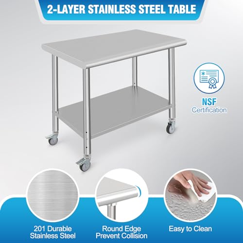 Image of 36x24x35inch Double Layer Stainless Steel Work Table with Caster Wheels No Backsplash