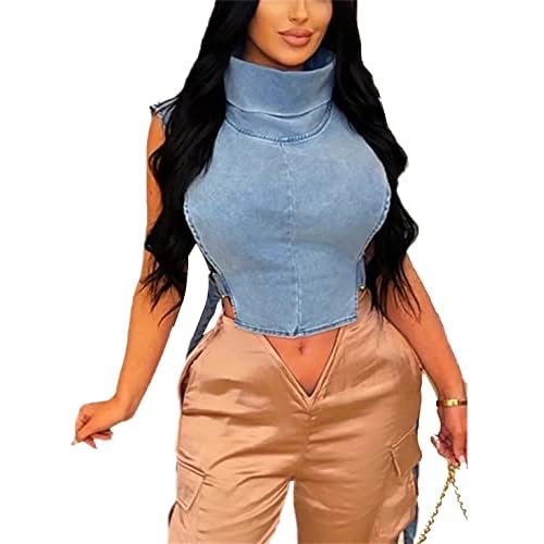 PAODIKUAI Women's Sleeveless Denim Crop Top Vest Y2K Sexy Summer Jean Vest Shirt Tank Tops Waistcoat Jacket A-light Blue Large