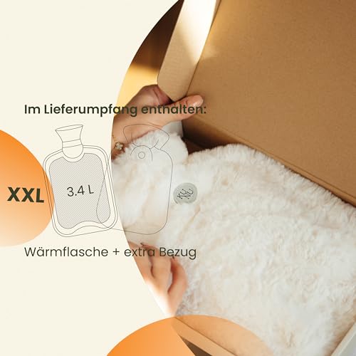 KUNU® die besondere XXL Wärmflasche - 3.4l - inkl. Geschenkverpackung - mit extra Bezug - unwiderstehlich flauschig - perfekt für Erwachsene und Kinder - auslaufsicher und getestet - beige