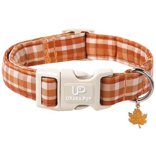 Image of Fall Plaid Dog Collar with Maple Leaf Charm - Adjustable Autumn Checkered Dog Collar for Small Medium Large Dogs, Soft Cotton Puppy Collars with Quick Release Buckle and Metal D-Ring