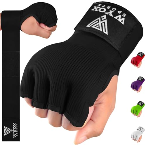 WYOX Gel Boxing Hand Wraps Inner Gloves for Men and Women Quick 80cm Long Wrist Straps Elasticated Padded Boxing Wraps for Muay Thai MMA Kickboxing Martial Arts Training Bandages (Black L/XL)