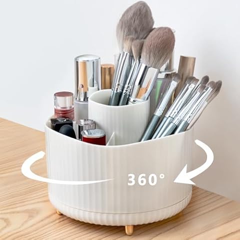 QIYVLOS Makeup Brush Holder Organizer, 360° Rotating Makeup Brush Organizer, 5 Slot Makeup Organizer for Vanity, Desktop, Bathroom, Countertop, Desktop (White) Cover