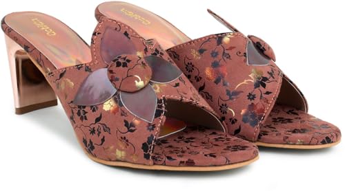 Image of Action Women's Floral Suede Mules| Black with Peach Flower Applique| Gold-Tone Heel Dark Brown
