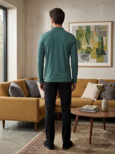 Image of CAMEY Men's Plain Solid Long Sleeve Polo T-Shirt | Regular Fit | Collared Casual Cotton Blend Tee with Chest Pocket | Everyday Comfort Wear