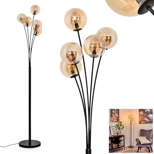 Stehleuchte Bernado, dimmbare Stehlampe aus Metall/Glas in Schwarz/Bernsteinfarben, Standleuchte mit Glaskugeln (Ø 12 cm), Höhe 174,5 cm, stufenlos dimmbar über Fußschalter, 5 x G9, ohne Leuchtmittel