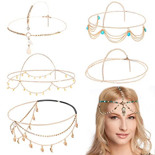 Boho Crystal Head Chain, GuKKK 6 Piezas Oro Cadena de Cabeza, Cadena de La Cabeza En Capas de Cobre de Cuentas Headchain, Cadenas de Pelo para Novia, Headpieces Vintage Diadema, para Mujeres y Niñas Cover