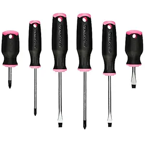 WORKPRO 6-Piece Screwdriver Set, Magnetic Screwdrivers with 3 Slotted/Flat-Head & 3 Phillips-Head, for Mechanic Repairs, Fastening and Loosening Seized Screws, Premium Cr-V Steel Made, Pink + Black