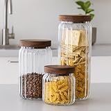 YöL Pack of 3 400ml Glass Storage Container Wooden Lid With Silicone Seal Modern Ribbed Finish - Dry Food Storage Jar Tea Coffee Sugar Flour Oats Pasta Cereal Kitchen - Image 3
