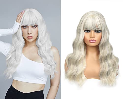 Wavy Wigs with Air Bangs Ombre Highlight Color Wig for Women Cheap Wig Daily Party Wig Glueless Heat Resistant Synthetic Hair Wig (white blonde)