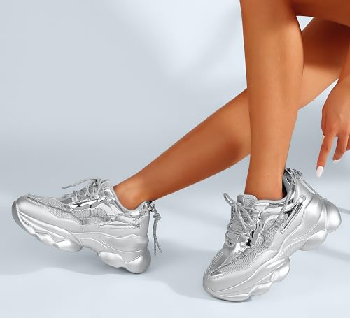LUCKY STEP Women's 90s Chunky Sneakers Sparkly Bling Rhinestone Rope Platform Casual Thick Dad Rave Walking Shoes (Silver,8 B(M) US) by LUCKY STEP - Used condition - Image 8