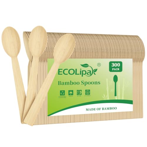 ECOLipak 300 Count Bamboo Spoons Disposable 6.7 Inch No Splinters Heavy Duty Bamboo Disposable Compostable Spoons for Party Wedding Camping Traveling Family Dinners Large Events