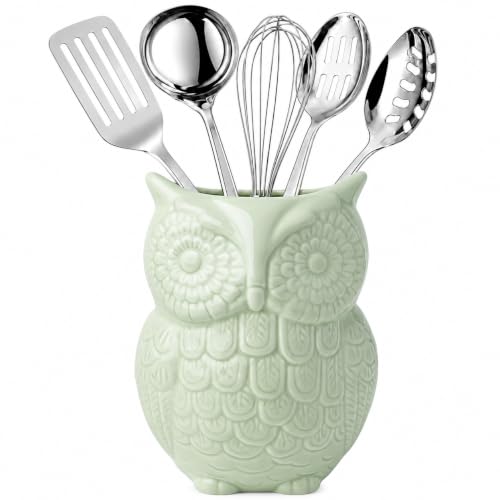 Comfify Owl Utensil Holder Decorative Ceramic Cookware Crock & Organizer, in Lovely Green Color - Utensil Caddy and Perfect Kitchen Ceramic Décor Gift - 5” x 7” x 4” Size
