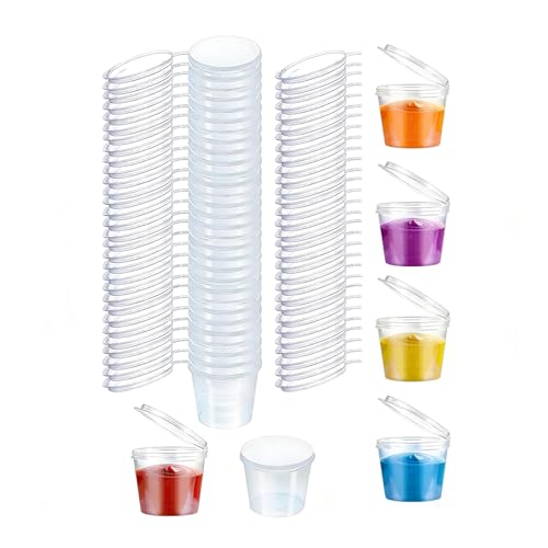 50 PCS 1oz 25ml Round Food Container Pots, Plastic Outer Buckle One-Piece Lids, Leakproof Clear Deli Sauce Cups for Dips Chutney Ketchup Takeaways Restaurants