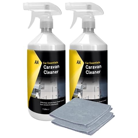 AA Car Essentials Caravan Cleaner - Black Streak Remover - Algae Remover - With Carnauba Wax Protection - 2 x 1L with 2 microfibre cloths - Cleans and polishes without the use of water, White Cover