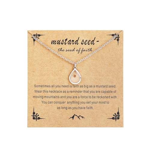 QRH Mustard Seed Necklace Waterdrop Mountain Hill Christian Faith Mustard Seed Geometric Religious Mustard Seed Necklace Inspirational Gift with Message Card-Waterdrop Silver