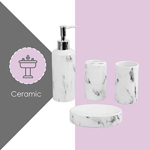 Home Basics Marble Design Look, Ceramic 4-Piece Durable Bath Accessory Set, Includes Lotion Dispenser, Soap Dish, Tumbler, Toothbrush Holder #TOP3