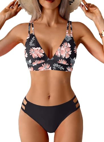 CheChury Bikini Mujer Traje de Baño 2 Piezas Cuello en V Bañadore Push Up Conjunto Sexy con Triángulo Halter Cintura Baja Tie De Dos Piezas Playa con Cordones Biquini de Natacion