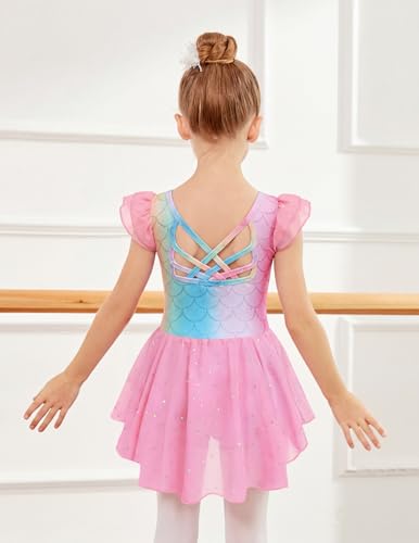 Image of Arshiner Girls Shiny Ruffle Sleeve Ballet Leotard with Skirt Criss-Cross Back Dance Dresses