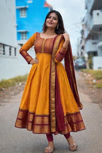 Image of Women's Vichitra Silk Anarkali Gown with Dupatta, Navy Blue Flared Traditional Dress with Magenta Zari Border, Jacquard Weaving Full Sleeves Ethnic Suit