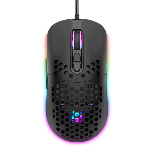 ROCK POW Honeycomb Gaming Mouse Ultralight High-Precision 12800 DPI Optical Sensor 6 Programmable Buttons Ergonomic Wired RGB Gaming Mice for Mac, Laptop, Computer, PC Black