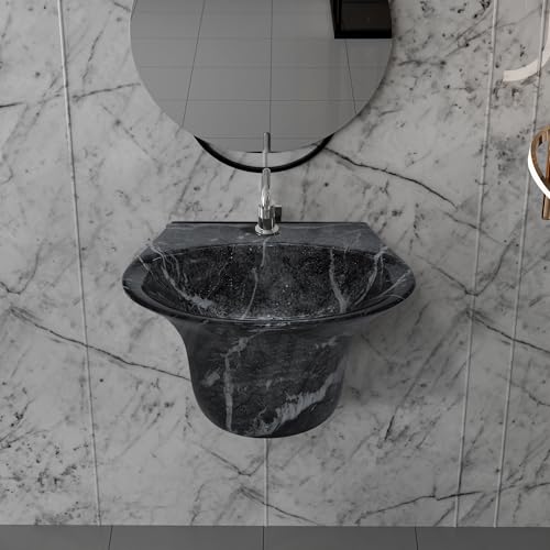 Image of REMANENCE Luxury Wall Mount Half Pedestal Wash Basin for Bathroom | Designer Wall Hung Basin | Wall Mounted Washbasin for Resturent, Hotels (16 x 16 x 11 Inch) (Black White Jelly)