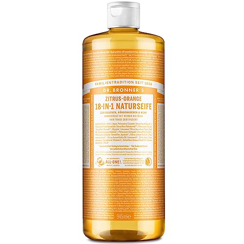 Dr. Bronners 18-IN-1 Naturseife | Zitrus Orange | Organic Flüssigseife | Vegan | Bio | Duschgel Handseife Shampoo und vieles mehr | Mit Bio Kokos- Oliven- und Jojobaöl | 945 ml