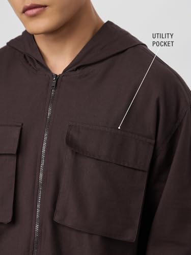 Image of The Souled Store Utility Hoodie: Cocoa Men and Boys Full Sleeves Hooded Neck Cocoa Brown Solid Cotton Linen Oversized Fit Breathable Fabric Zipper Hoodie