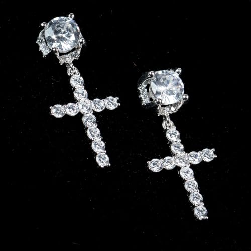 Mens Cross Drop Hanging Sterling Silver Cz Iced Stud Dangle Hoop Earrings4