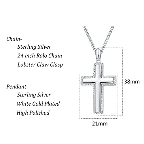 Carleen White Gold Plated Solid Sterling Silver Diamond-Cut High Polished Cross Crucifix Pendant Necklace Cable Chain Fine Jewelry Christmas Gift Valentines Gift For Men Unisex Couples, Size Medium Length 24 Inch #TOP5