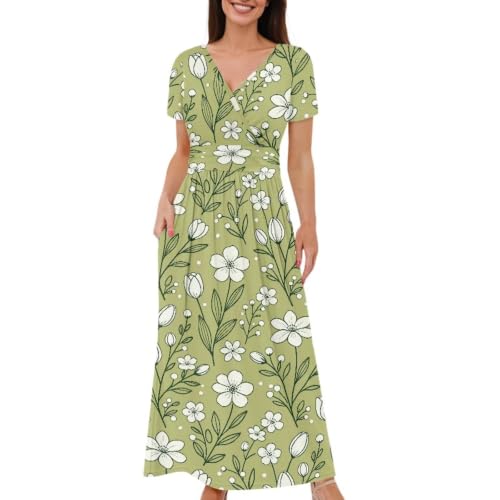 Image of Women's Fall Summer Short Sleeve Ankle Length V-Neck Party Dress with Pockets Size S-3XL