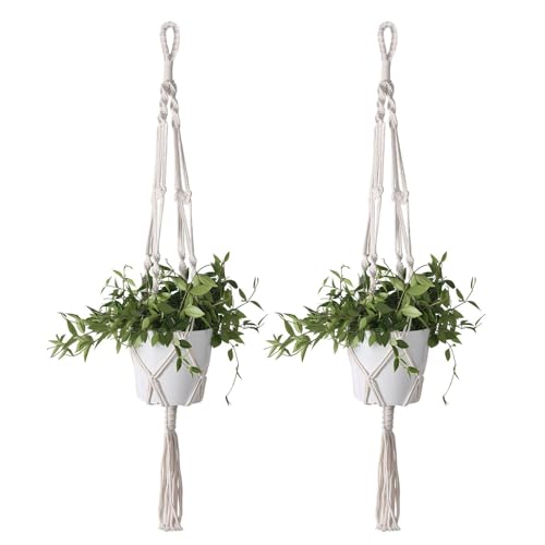 Flexzion Macrame Plant Hangers, 4 Pack, Off-White Cotton Rope, 4 Lengths