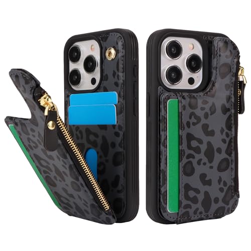 Image of Cavor for iPhone 13 Pro Case with Card Holder,for iPhone 13 Pro Wallet Case for Women Men,Leather Magnetic Clasp Zipper Pocket Protective Phone Cover-Leopard Black