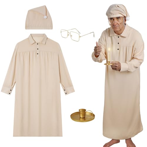 4 Pcs Mens Pjs Sets with Nightgown Night Cap for Men Vintage Glasses and Candle Holder Halloween Pajama Costume