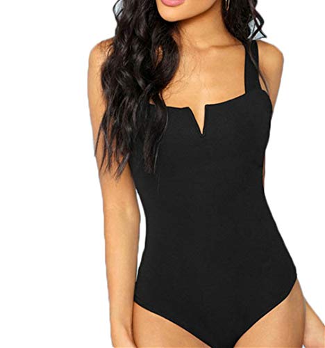 Mcaishen Minimaliste Nouveau Maillot De Bain Décontracté en Forme De V Serré Sexy Bandoulière Plaine sans Manches Combinaison Femme Été Maillot De Bain Stretch(S,Black) Cover