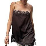 Lullnaxe Women Silk Lace Trim Cami Tops Y2k Spaghetti Strap Silky Slip Dress Y2k Backless Going Out Camisole (Brown, M)