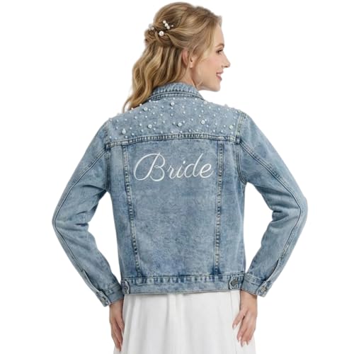 CYYINGYK Embroidered Bride Pearl Denim Jacket Wedding Gift for the Bride Future Mrs Jean Jacket (US Alpha Medium Regular Regular)